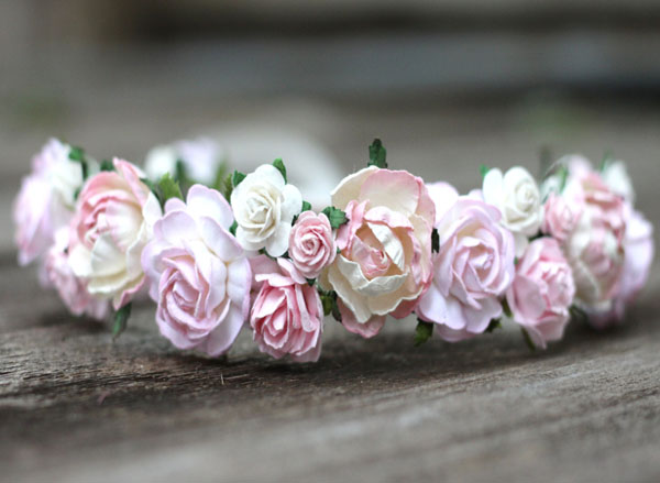 Pastel Wedding Flower Crown Ivory and Blush Floral Head Wreath Rose